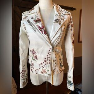 Blank NYC White Embroidered Floral Faux Leather Moto Jacket